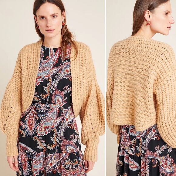 Anthropologie Sweaters - ANTHROPOLOGIE Rae Cropped Cardigan Tan Chunky Knit Sweater Oversized Size Small